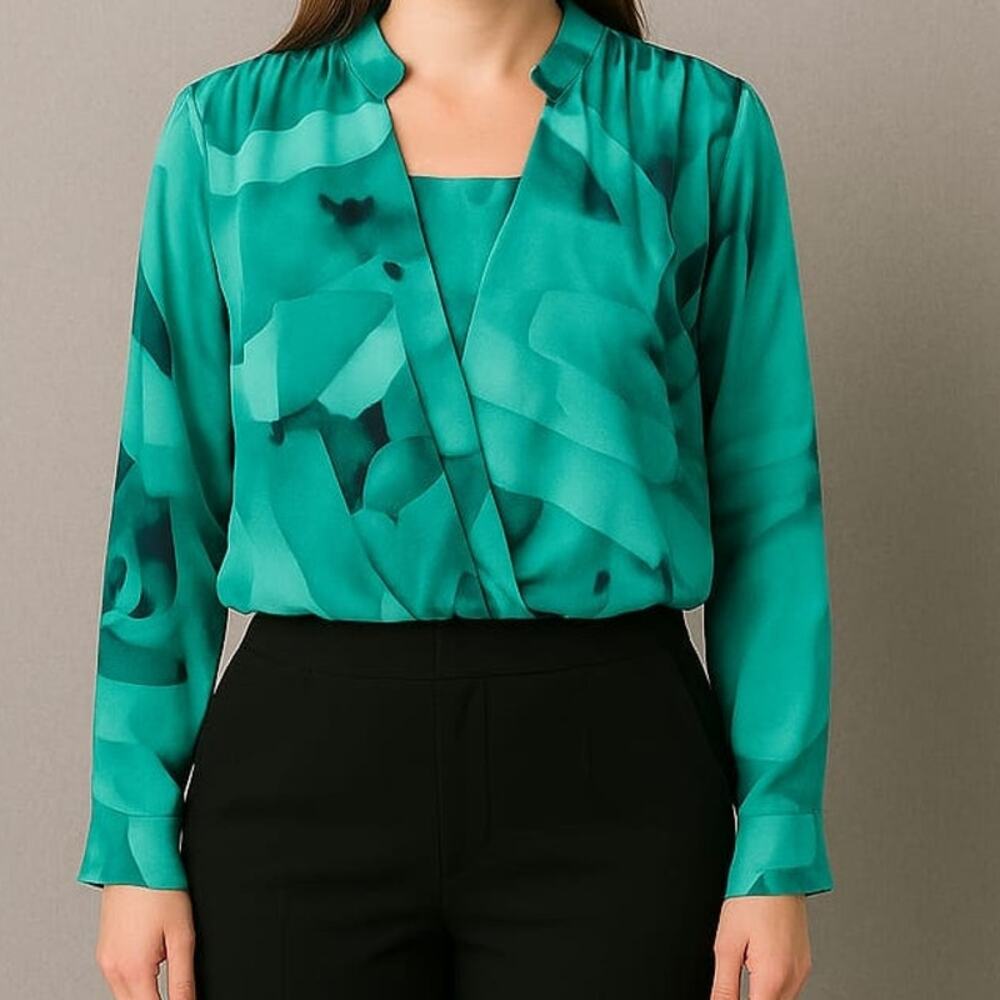 Alfani Floral Crossover Top Green Aqua Black Long Sleeve Roll Tab Size 8